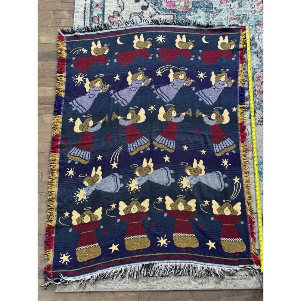 Vintage Crown Crafts Angel Tapestry Blanket - 90s Whimsigoth Cottagecore Fringe